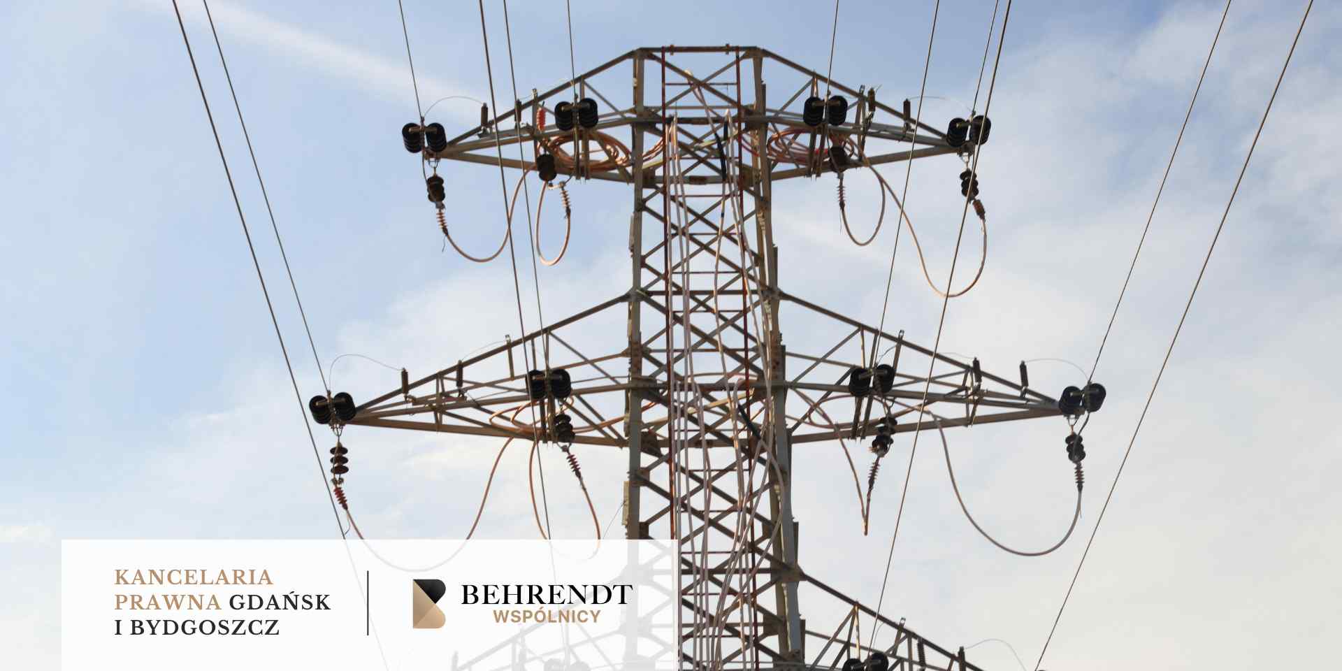 Zdjęcie przedstawia górną część stalowego słupa linii elektroenergetycznej wysokiego napięcia z licznymi przewodami i izolatorami na tle jasnego nieba.