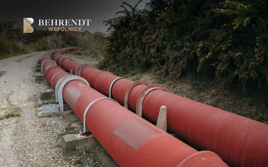 Zdjęcie przedstawia dwie równoległe, grube rury przemysłowe o czerwonawej barwie, biegnące wzdłuż nieutwardzonej drogi i ściany gęstej zieleni (krzewów). Rury są przymocowane do podłoża za pomocą metalowych obejm i betonowych podpór.