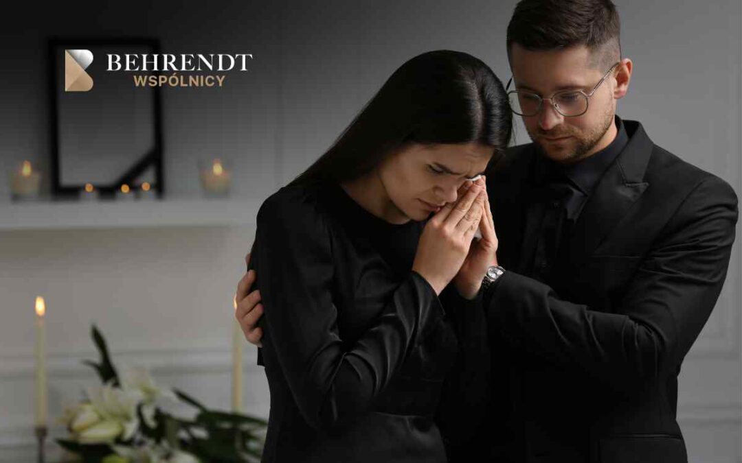 Couple in black consoling each other at a funeral, hands pressed in prayer, candles and flowers in the background; Behrendt Wspólnicy logo top-left.
