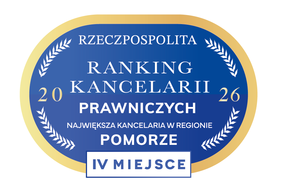 Owalne logo dziennika „Rzeczpospolita” w barwach niebiesko-złotych z wyraźnym podpisem: „Ranking Kancelarii Prawniczych 2026”, podtytułem „Największa kancelaria w regionie POMORZE” oraz informacją o zajęciu wysokiego, „IV MIEJSCA”.