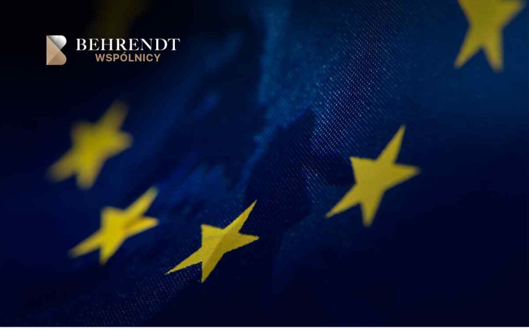 Behrendt Wspólnicy logo in the top-left over a dark blue European Union flag background with yellow stars.