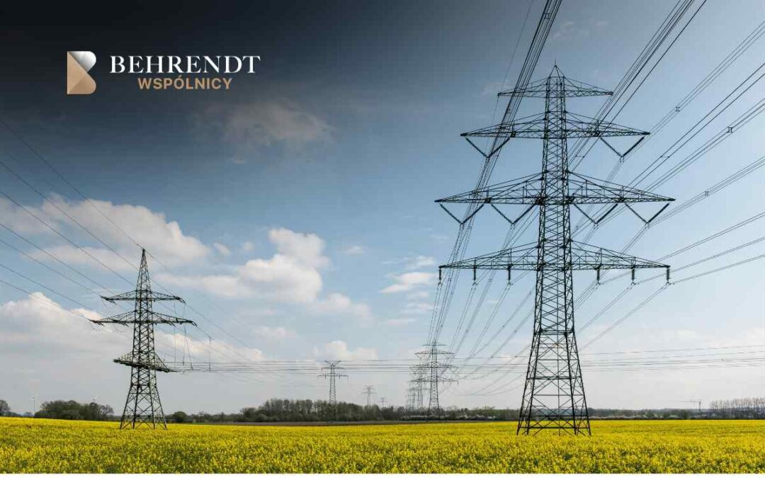 Power lines and steel pylons spanning a yellow field under a blue sky, with a Behrendt WSPÓLNICY logo in the top-left corner.