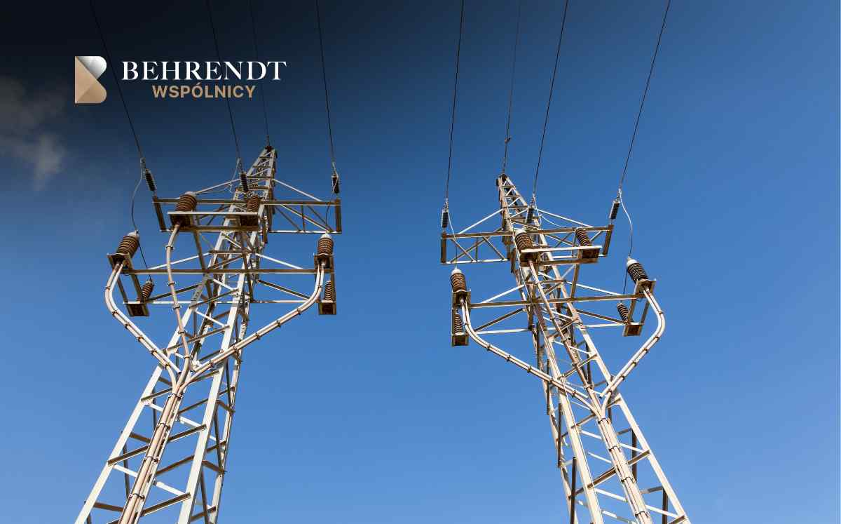 Two tall electricity transmission towers with power lines against a clear blue sky; Behrendt WSPÓLNICY logo in the top-left corner.