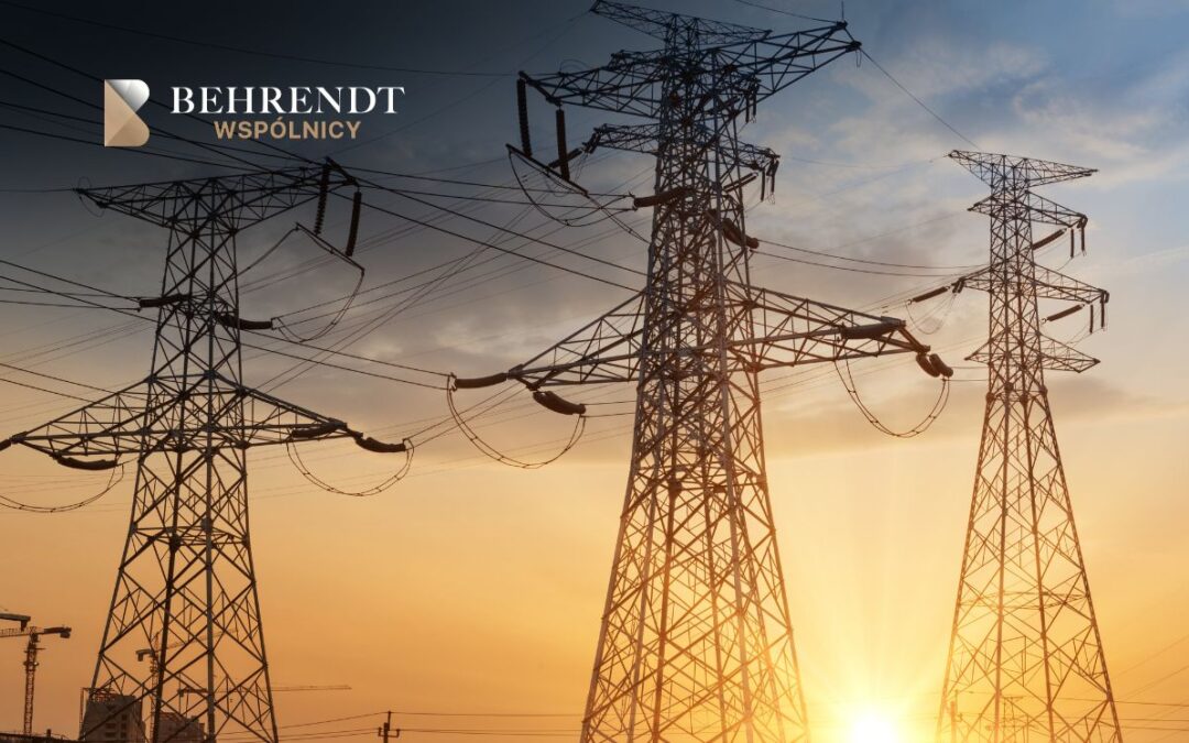 Behrendt Wspólnicy logo in the top-left with sunset-lit high-voltage power lines and transmission towers